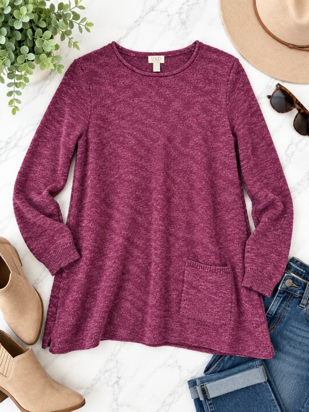 LOGO Lori Goldstein XXS Purple Heather Knit Tunic Sweater Pocket